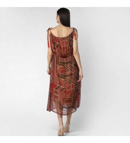 Women's Polyester Printed Shoulder Straps Dress (Maroon - Brown) Women's Polyester Printed Shoulder Straps Dress (Maroon - Brown)