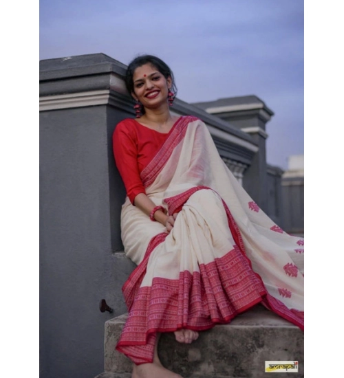 Women's Soft Lilan Printed Saree With Unstitched Blouse 5.5Mtr (White)