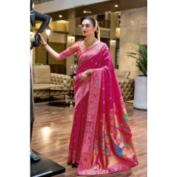 Women's Silk Blend Paithani Weaving Saree With Unstitched Blouse 5.5Mtr (Pink)