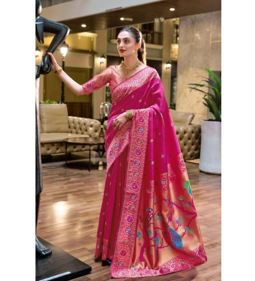 Women's Silk Blend Paithani Weaving Saree With Unstitched Blouse 5.5Mtr (Pink)
