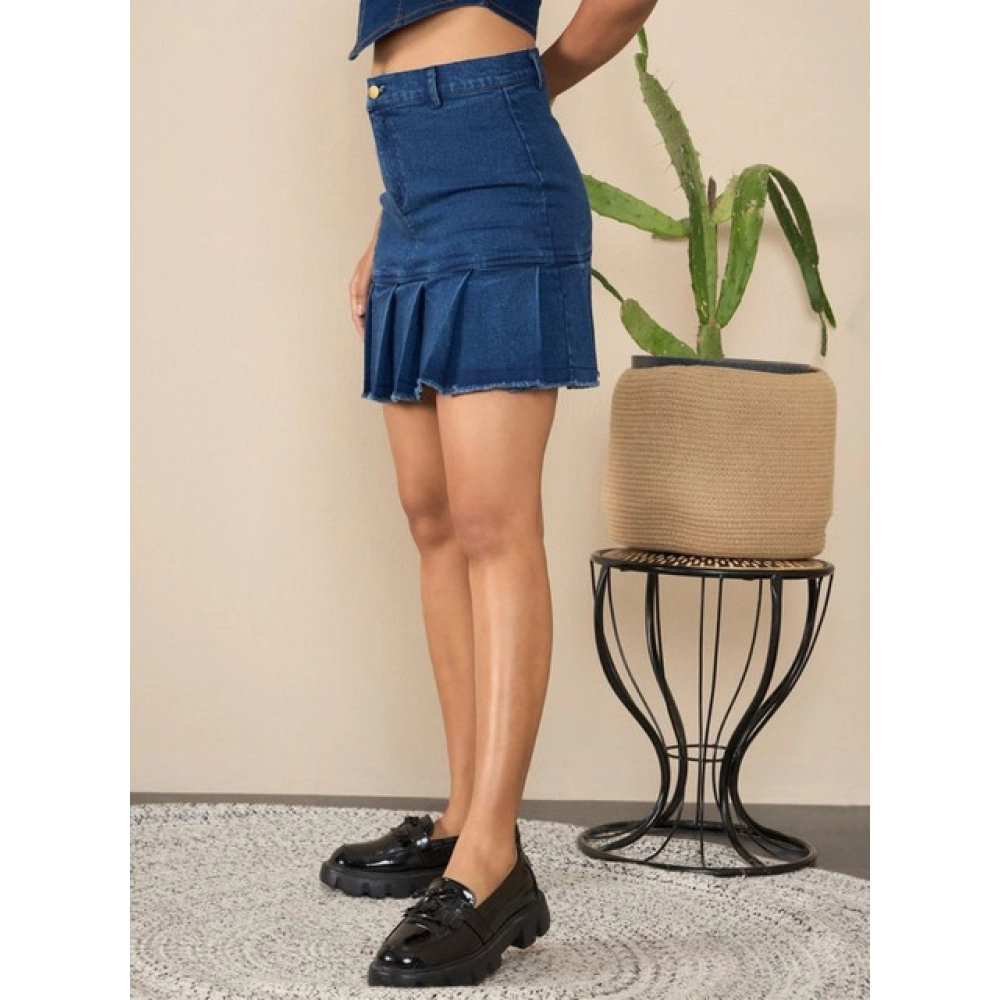 Women's Denim Washed Buttoned Skirt (Blue) Women's Denim Washed Buttoned Skirt (Blue)