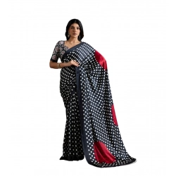 Women's Satin Crepe Printed Saree With Unstitched Blouse 5.5Mtr (Black)