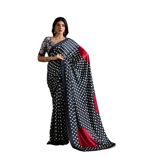 Women's Satin Crepe Printed Saree With Unstitched Blouse 5.5Mtr (Black)