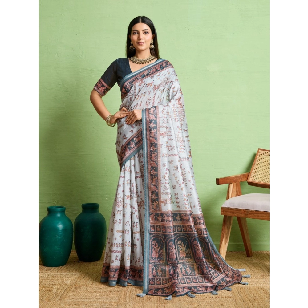Women's Silk Blend Printed Saree With Unstitched Blouse 5.5Mtr (Grey) Women's Silk Blend Printed Saree With Unstitched Blouse 5.5Mtr (Grey)