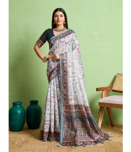 Women's Silk Blend Printed Saree With Unstitched Blouse 5.5Mtr (Grey)