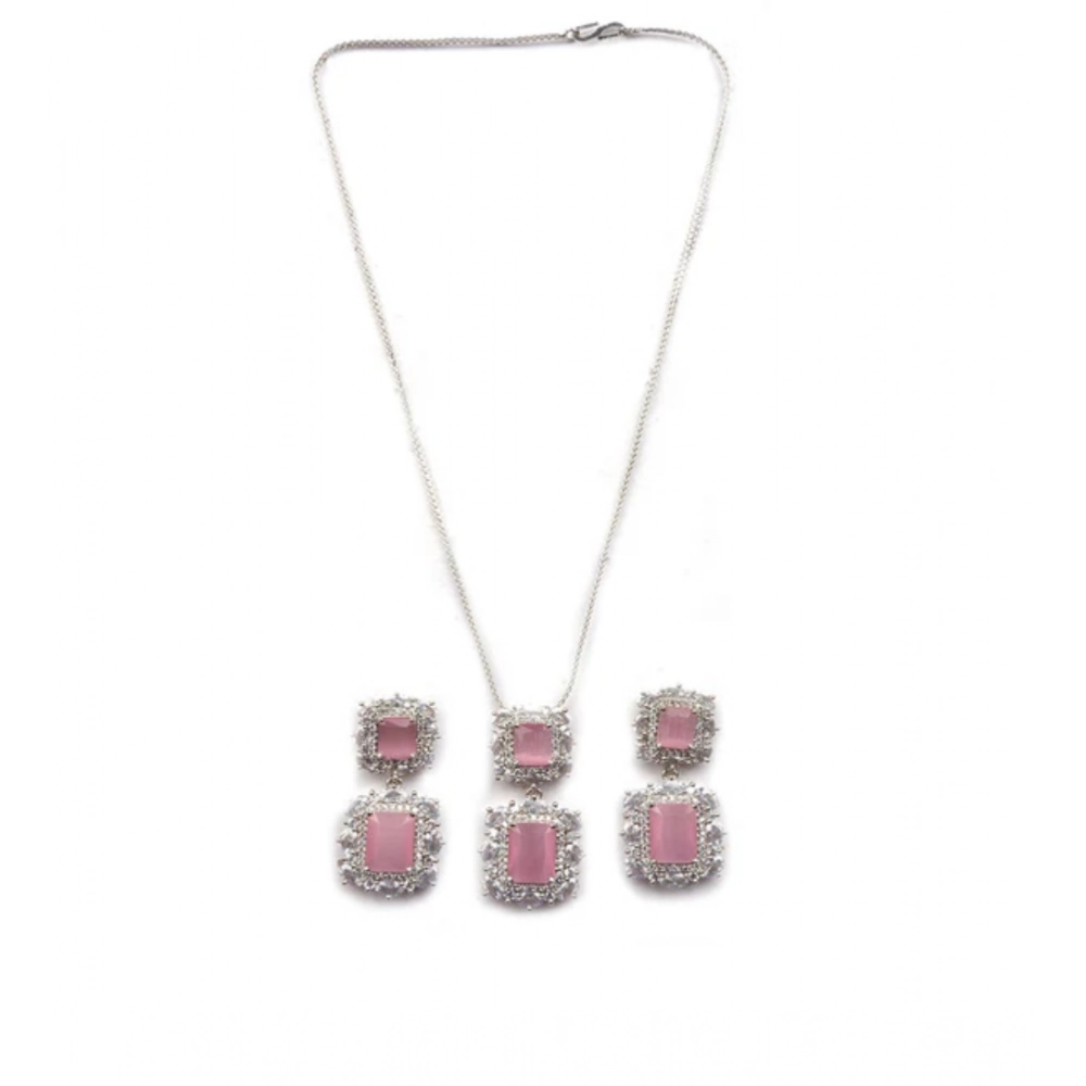 Women's Brass Silver Plated Pendant Set (Pink)