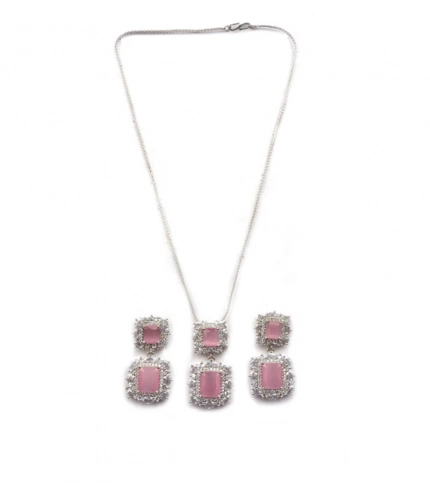 Women's Brass Silver Plated Pendant Set (Pink)