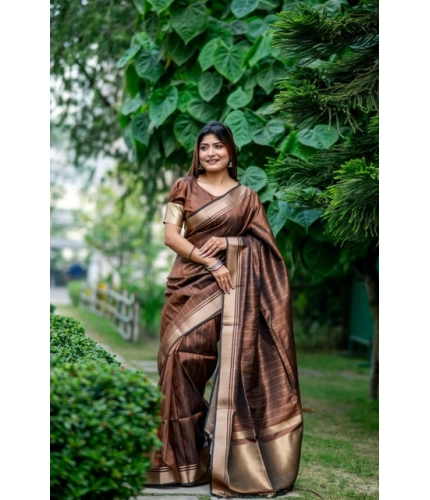Women's Faux_Banarasi Lining Pattern Saree With Unstitched Blouse 5.5Mtr (Light_Brown)