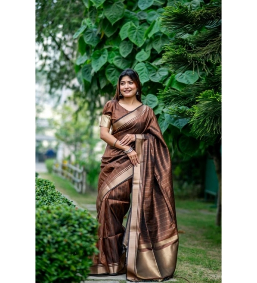 Women's Faux_Banarasi Lining Pattern Saree With Unstitched Blouse 5.5Mtr (Light_Brown)