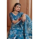 Women's Printed Cotton Linen Saree withPrinted  Saree With Unstitched Blouse (Blue, 5-6Mtrs)