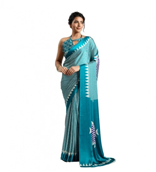 Women's Satin Crepe Printed Saree With Unstitched Blouse 5.5Mtr (Rama Blue)