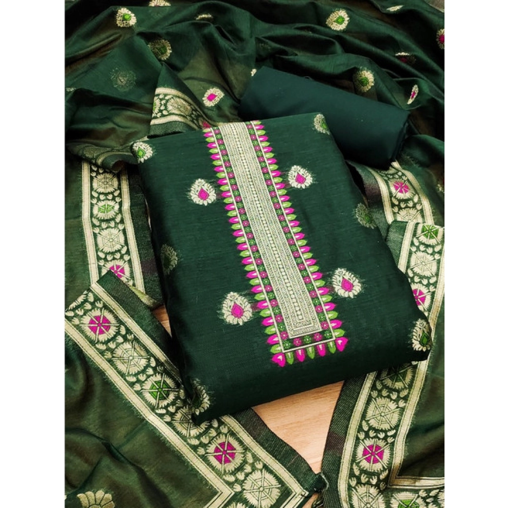 Women's Banarasi Silk Printed Unstitched Salwar Suit Material With Dupatta (Bottle Green, 3Mtrs)