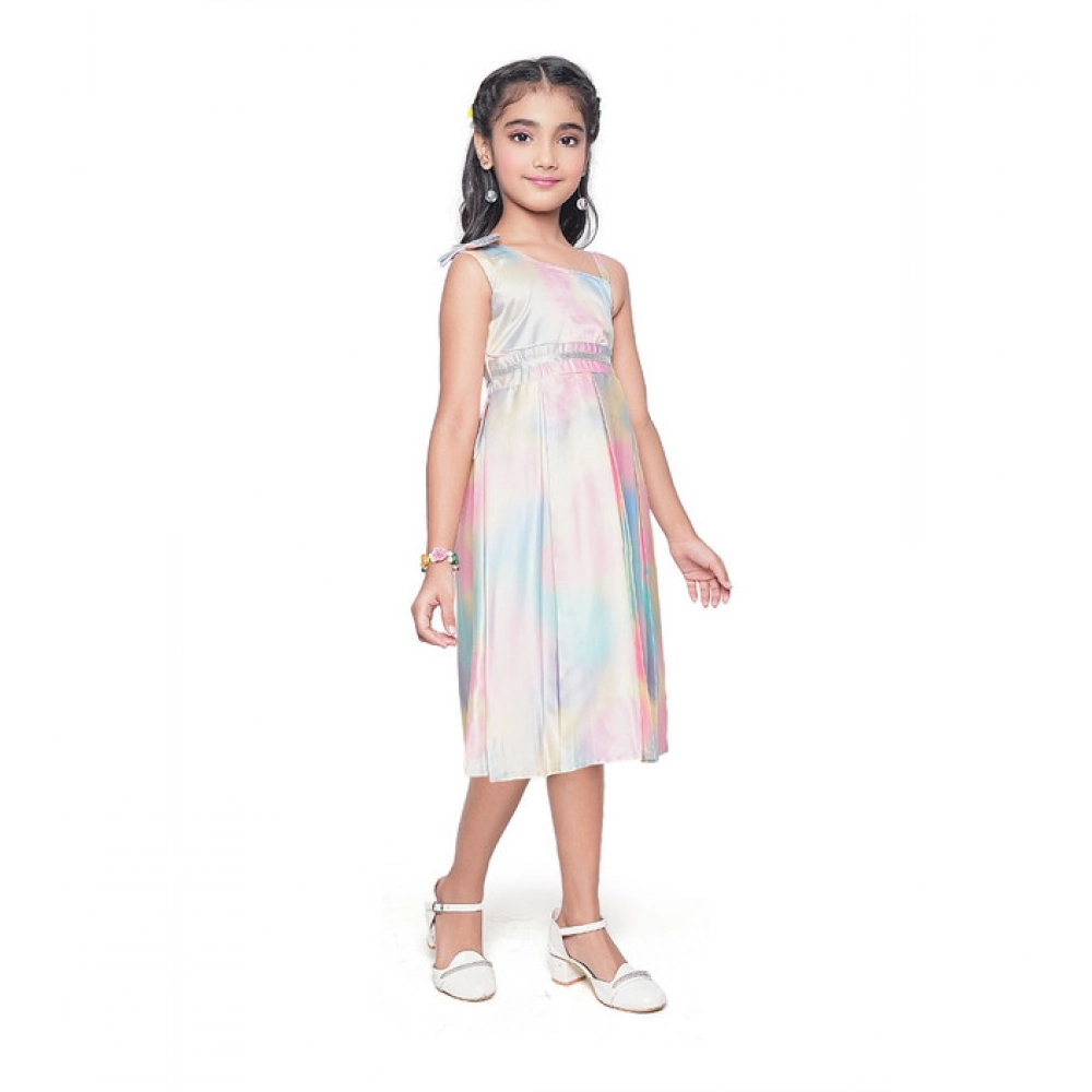 Girl's Satin Soild Sleeve Less Designer Neck Dress (Multicolor)