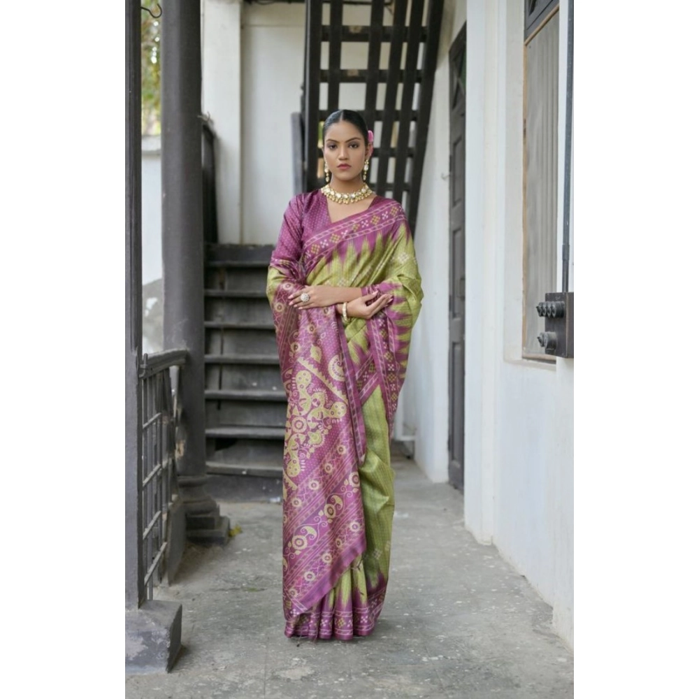 Women's Faux_Tussar Ikat Saree With Unstitched Blouse 5.5Mtr (Green) Women's Faux_Tussar Ikat Saree With Unstitched Blouse 5.5Mtr (Green)