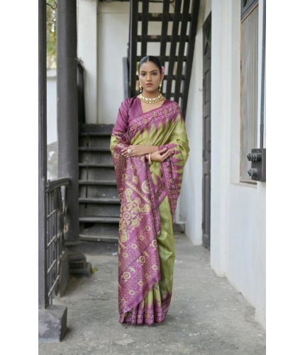 Women's Faux_Tussar Ikat Saree With Unstitched Blouse 5.5Mtr (Green)