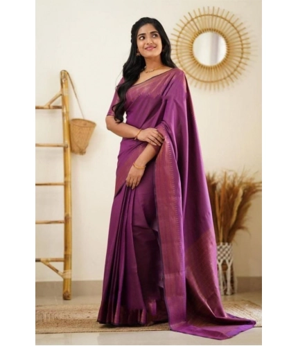 Women's Litchi silk Printed Saree With Unstitched Blouse (Purple)