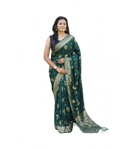 Women's Soft Lichi Silk Printed Saree With Unstitched Blouse 5.5Mtr (Bottle-Green)