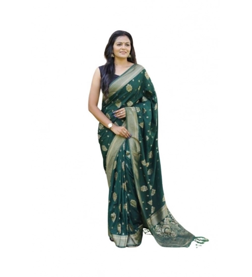 Women's Soft Lichi Silk Printed Saree With Unstitched Blouse 5.5Mtr (Bottle-Green)