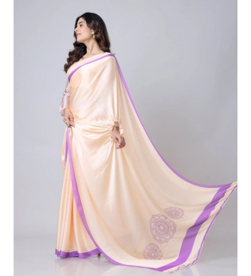 Women's Soft Crepe Silk Printed Ready To Wear Saree With Unstitched Blouse 5.5Mtr (Beige)
