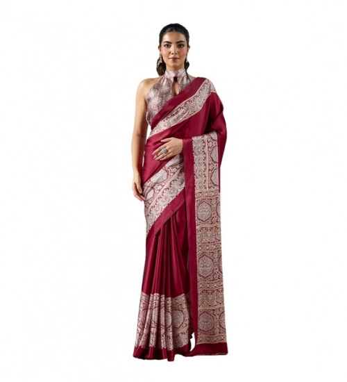 Women's Satin Crepe Printed Saree With Unstitched Blouse 5.5Mtr (Maroon)
