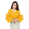 Women's Organza Solid V Neck Layered Ruffle Sleeve Readymade Blouse (Yellow Free Size , up to 38–40 Bust)-PID65860
