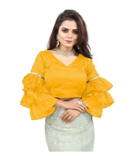 Women's Organza Solid V Neck Layered Ruffle Sleeve Readymade Blouse (Yellow Free Size , up to 38–40 Bust)-PID65860