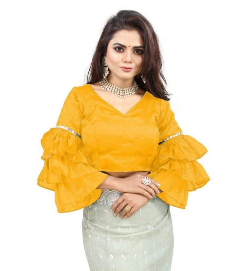 Women's Organza Solid V Neck Layered Ruffle Sleeve Readymade Blouse (Yellow Free Size , up to 38–40 Bust)-PID65860 Women's Organza Solid V Neck Layered Ruffle Sleeve Readymade Blouse (Yellow Free Size , up to 38–40 Bust)-PID65860