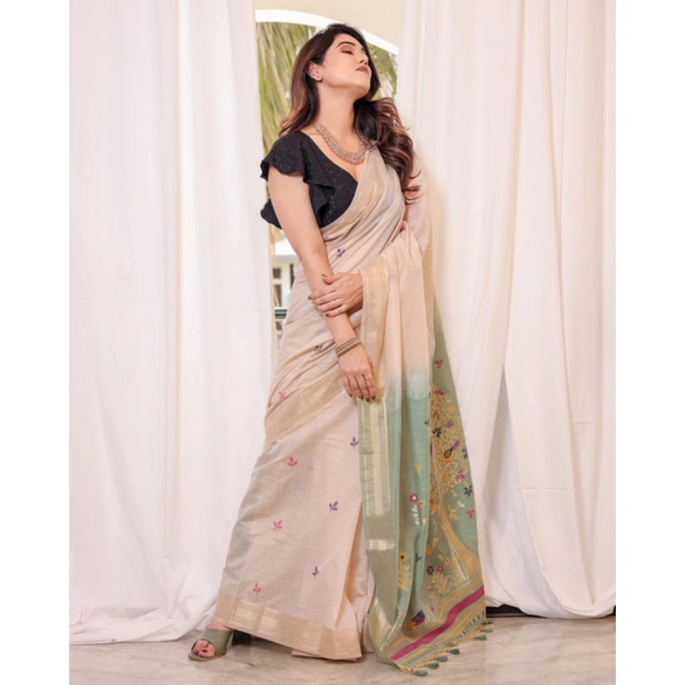 Women's Blended_Cotton Woven_Motifs Saree With Unstitched Blouse 5.5Mtr (Rama_Green) Women's Blended_Cotton Woven_Motifs Saree With Unstitched Blouse 5.5Mtr (Rama_Green)