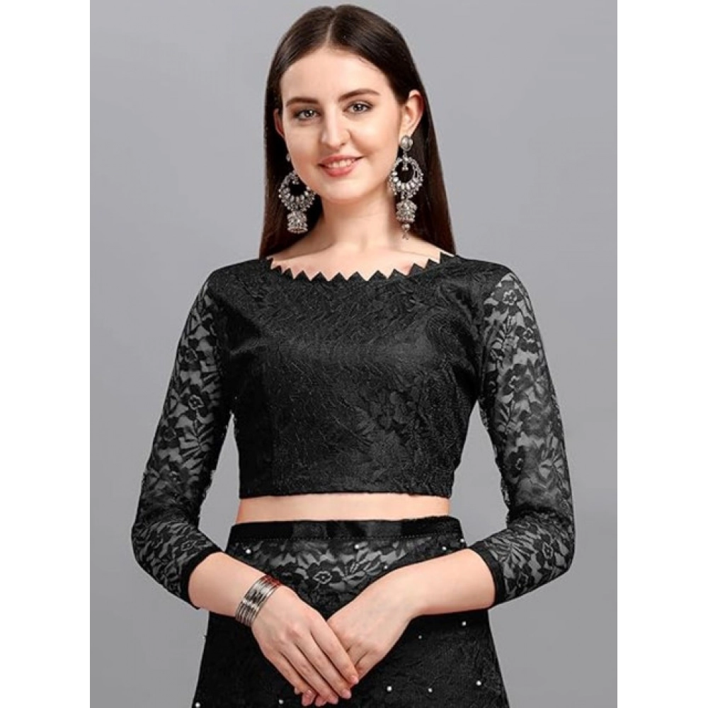 Women's Net Self Design Saree With Unstitched Blouse 5.5Mtr (Black)
