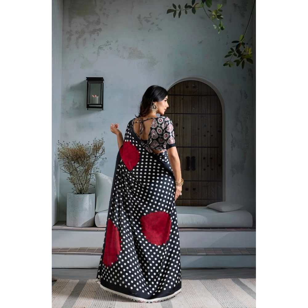 Women's Satin Crepe Printed Saree With Unstitched Blouse 5.5Mtr (Black)
