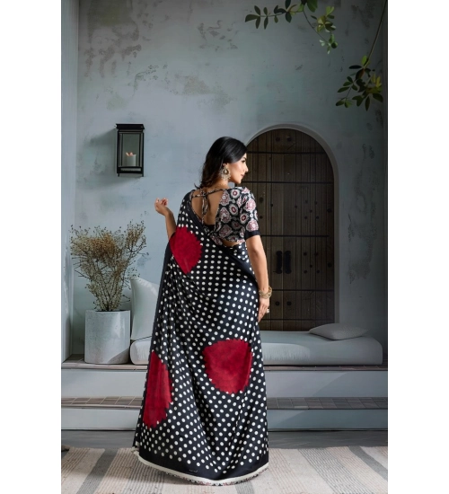 Women's Satin Crepe Printed Saree With Unstitched Blouse 5.5Mtr (Black)
