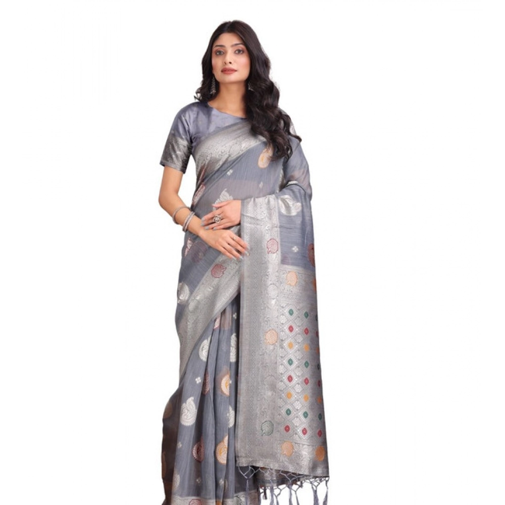 Women's Linen Cotton Printed Saree With Unstitched Blouse 5.5Mtr (Grey) Women's Linen Cotton Printed Saree With Unstitched Blouse 5.5Mtr (Grey)