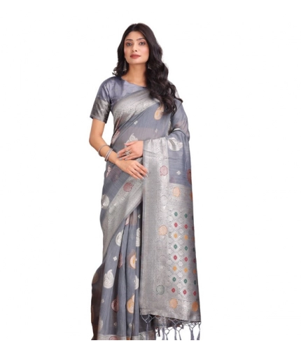 Women's Linen Cotton Printed Saree With Unstitched Blouse 5.5Mtr (Grey)