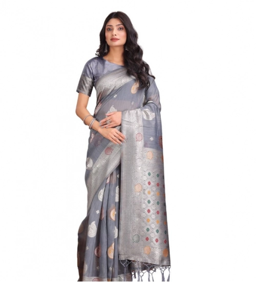 Women's Linen Cotton Printed Saree With Unstitched Blouse 5.5Mtr (Grey)