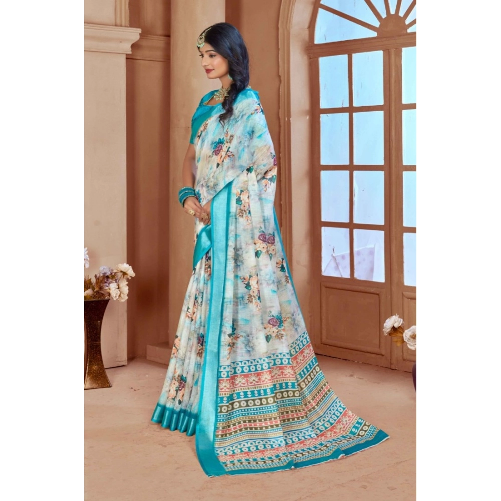 Women's Printed Cotton Linen Saree withPrinted  Saree With Unstitched Blouse (Blue, 5-6Mtrs)