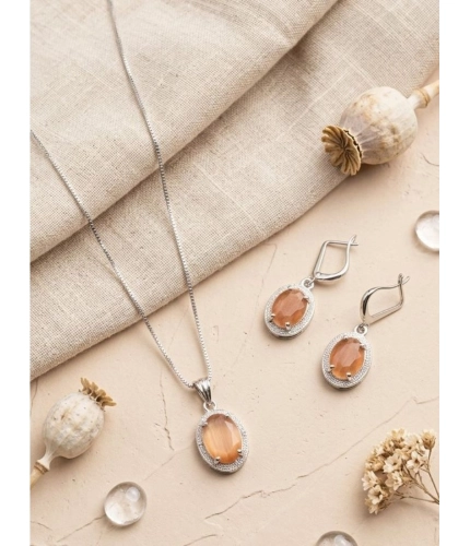 Women's Brass Silver Plated Pendant Set (Orange)