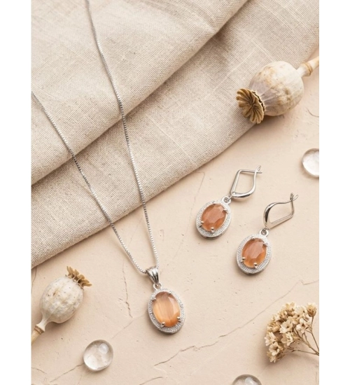 Women's Brass Silver Plated Pendant Set (Orange)