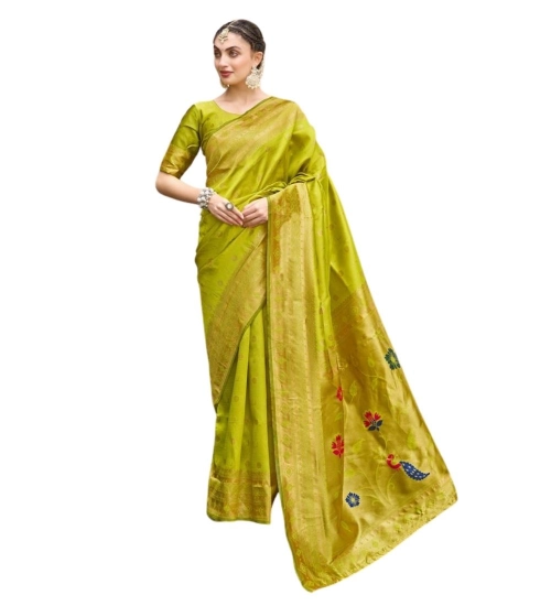 Women's Silk Blend Paithani Weaving Saree With Unstitched Blouse 5.5Mtr (Lime Green)