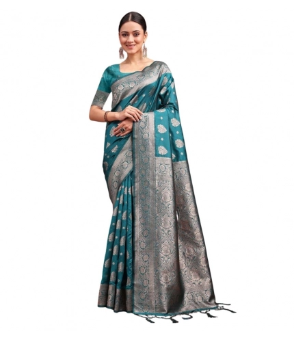 Women's Banarasi Silk Printed Saree With Unstitched Blouse 5.5Mtr (Sea Green)