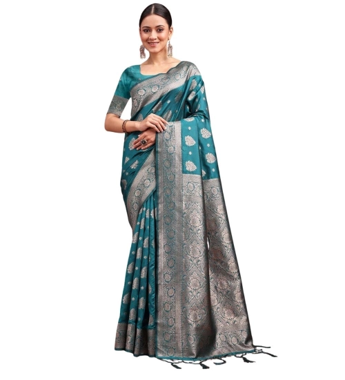 Women's Banarasi Silk Printed Saree With Unstitched Blouse 5.5Mtr (Sea Green)