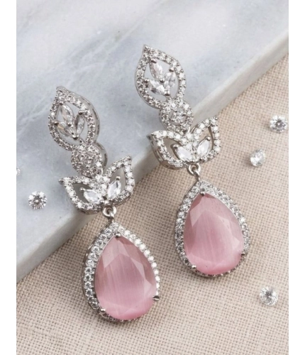 Women's Brass Silver Plated Drop Earrings (Pink)