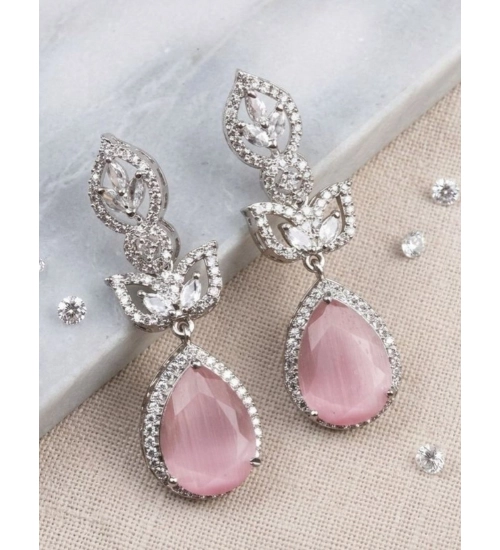 Women's Brass Silver Plated Drop Earrings (Pink)