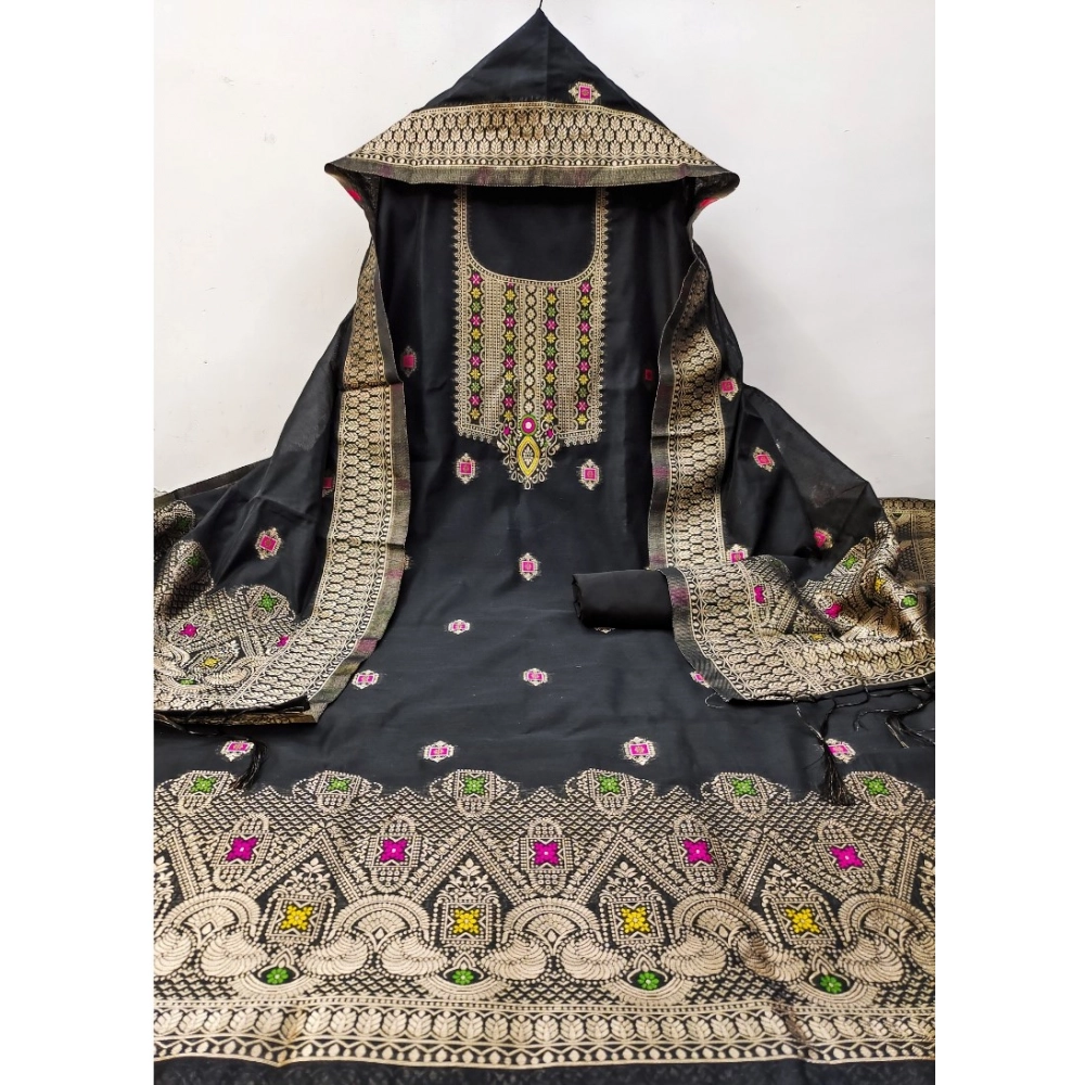 Women's Banarasi Silk Printed Unstitched Salwar Suit Material With Dupatta (Black, 3Mtrs)
