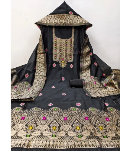 Women's Banarasi Silk Printed Unstitched Salwar Suit Material With Dupatta (Black, 3Mtrs)