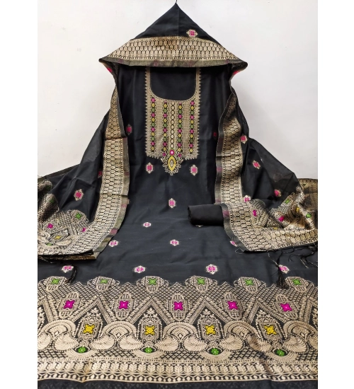 Women's Banarasi Silk Printed Unstitched Salwar Suit Material With Dupatta (Black, 3Mtrs)