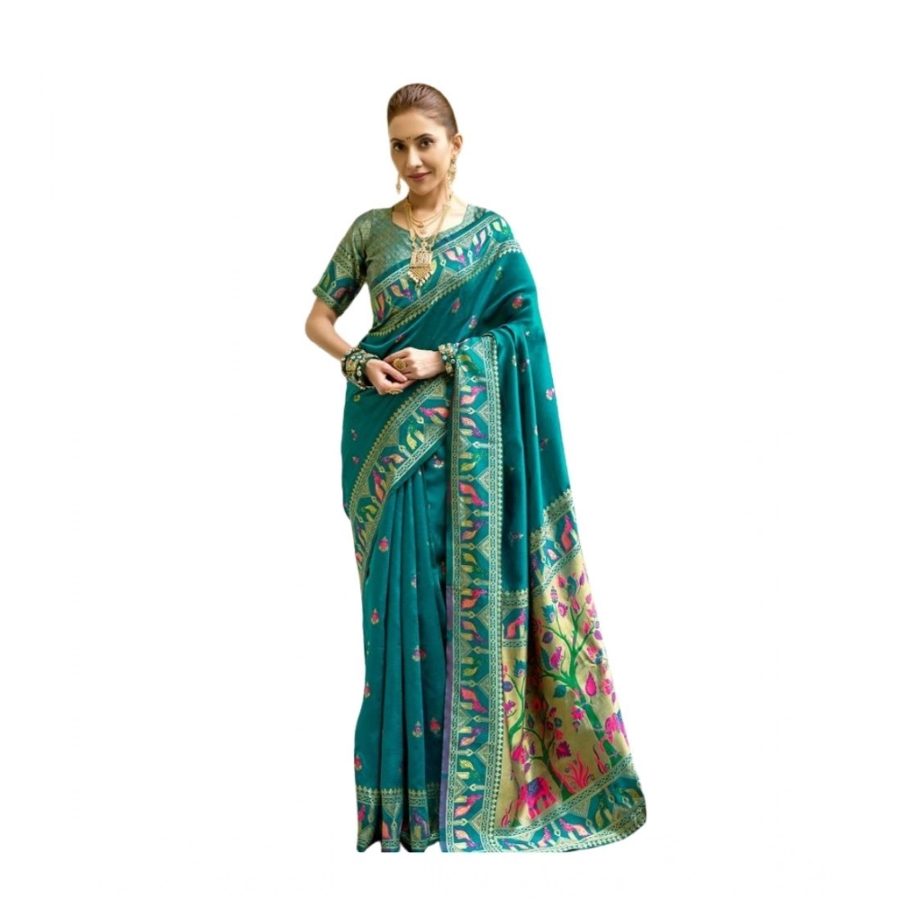 Women's Silk Blend Woven Saree With Unstitched Blouse 5.5 Mtr (Teal)