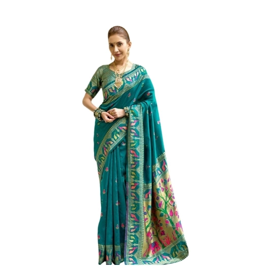 Women's Silk Blend Woven Saree With Unstitched Blouse 5.5 Mtr (Teal)