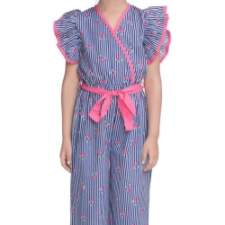 Girl's Cotton Striped Flutter Jumpsuit (Blue-Pink)