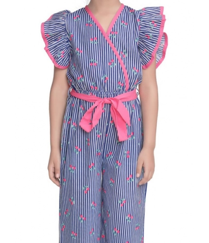 Girl's Cotton Striped Flutter Jumpsuit (Blue-Pink)