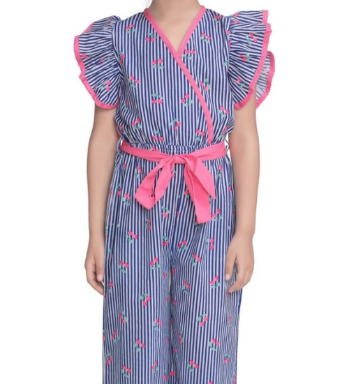 Girl's Cotton Striped Flutter Jumpsuit (Blue-Pink)
